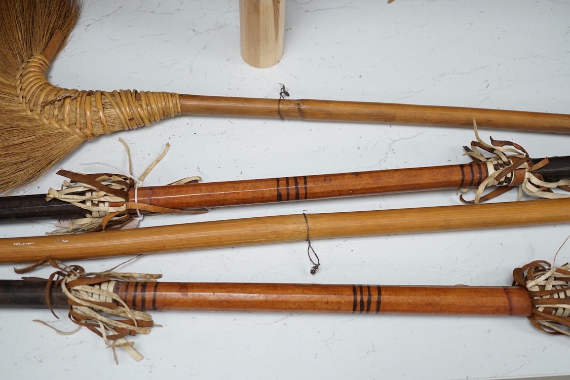 A collection of horn and silver handled walking sticks, a whip and shooting stick. Longest 94cm